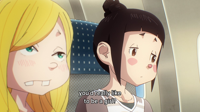 A boy in a blonde wig sitting next to a girl on a plane
Subtitle: you'd really like to be a girl?
