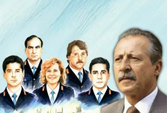 Il Giudice Paolo Borsellino e i suoi agenti della scorta