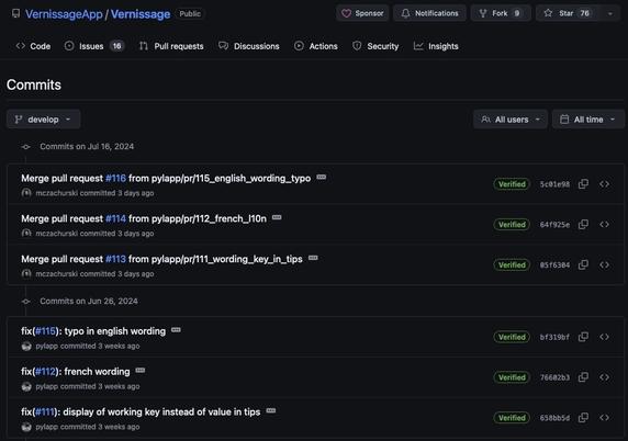 Screenshot of a GitHub repository page showing recent commits and pull requests for the VernissageApp project. Three pull requests have been merged (submitted by user named pylapp and merged by user named mczachurski) and were about improvements of English and French localizations.