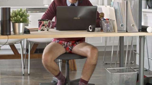 A man wearing no trousers to a videoconference