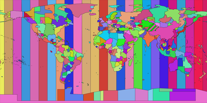 map of world time zones as represented in the tz database