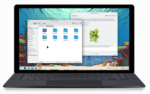 A laptop running (and not crashing) KDE's Plasma 6.1 desktop.