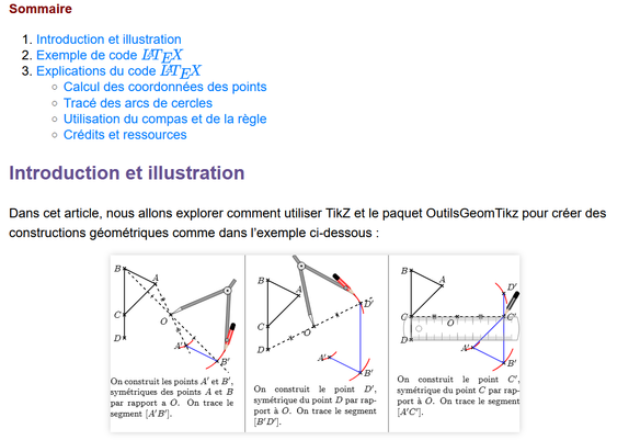 Copie d'écran du début du billet.
On y voit le sommaire et l'introduction avec une illustration : la construction du symétrique d'une figure par symétrie centrale en trois étapes avec un compas et des arcs de cercle rouges.