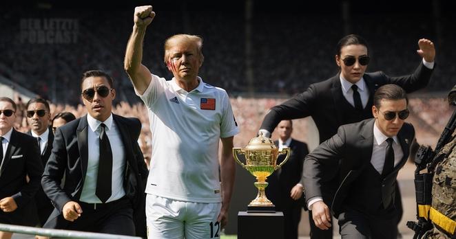 In einem satirischen Traumbild verlaufen das EM Finale 2024, die Siegerehrung vom Tennisturnier in Wimbledon und das versuchte Attentat auf Präsident Donald Trump des Juli 2024 ineinander. Cover der Folge 468 von "Der Letzte Podcast".