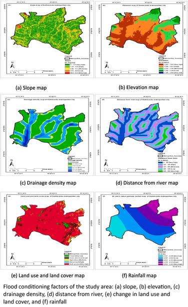 maps / models - flood conditioning factors of the study area: (a) slope, (b) elevation, (c) drainage density, (d) distance from river, (e) change in land use and land cover, and (f) rainfall.