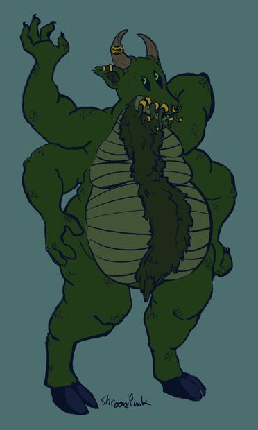 Digital illustration of a beastly looking entity with features from a number of different animals, including tentacles on the face, cow horns, pig ears, and a body covered in dark green scales. He has cloven hooves for feet and a fat but muscular build.