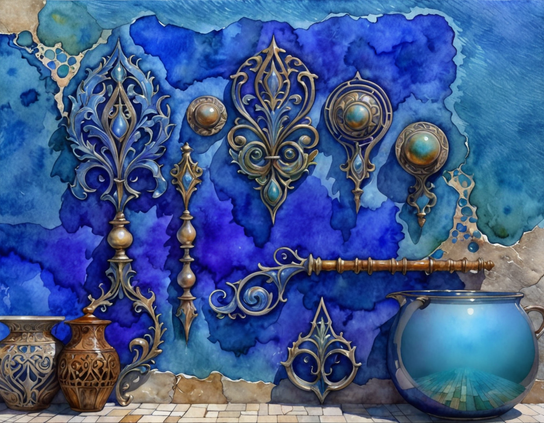 Still life with ornate antique objects in blue hues and intricate designs, pottery, and decorative wall elements with gold accents. Watercolor style.