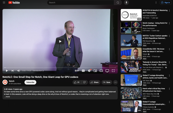 A YouTube page for a description of the NotchLC video codec. The suggested videos on the right side are:
Two more NotchLC videos
Tucker Carlson at the fucking HRC convention
The CrowdStrike CEO on the Today show
Bernie Sanders on Colbert
Three more CrowdStrike videos