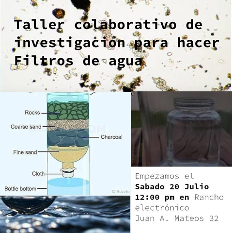 Taller colaborativo de investigación para hacer filtros de agua

Empezamos el sábado 20 de julio 12:00 pm en el Rancho Electrónico Juan A Mateos 32