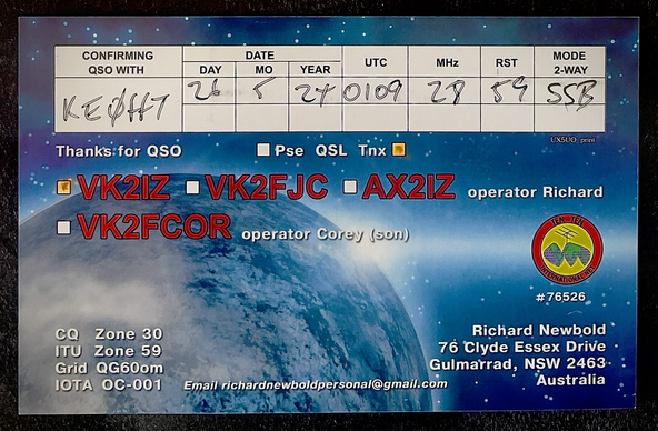 QSL card from VK2IZ in New South Wales, Australia.