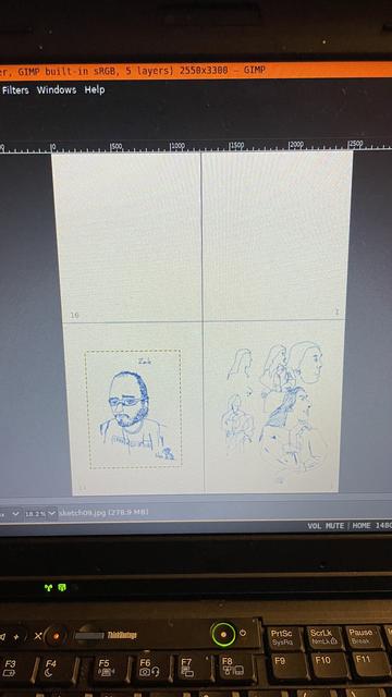 A photo of a computer screen. Open on the screen is a photo editor. The editor’s “page” is divided into quarters; the two top quarters are blank. The bottom left quarter has a portrait labeled “Zak”. The bottom right quarter has multiple unfinished and overlapping portraits of the same person.