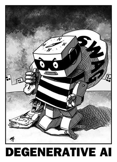 Toy robot dressed as a cartoon robber with mask, stripy top and bag of swag. The robot is standing on a figure who is in distress. The figure is trying to draw while being crushed by the robot. On the top of the robot's head is a compass but with all points labelled north.  The drawing is titled "Degenerative AI". The drawing is in black and white with some cross hatching and painted grey-scale background.