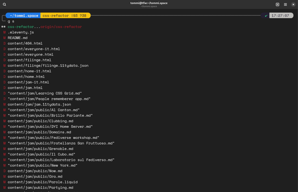 A screenshot of a terminal, inside directory the tommi.space, where the command “g s” was run (meaning “git status”). 93 files changed and 38 untracked.

wohooo