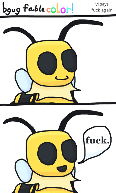 A two panel "bgug fable color!" comic titled "vi says fuck again". Vi looks at the viewer in the first panel, then, with the exact same look in the second panel, says fuck.