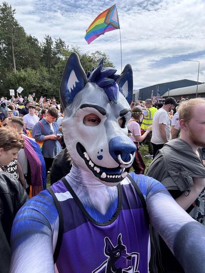 Selfie where I’m standing in a big crowd of people waiting for the march to begin. I’m wearing my blue dog mask and matching suit and a purple tank top, and a giant progress pride flag is visible in the sky in the background