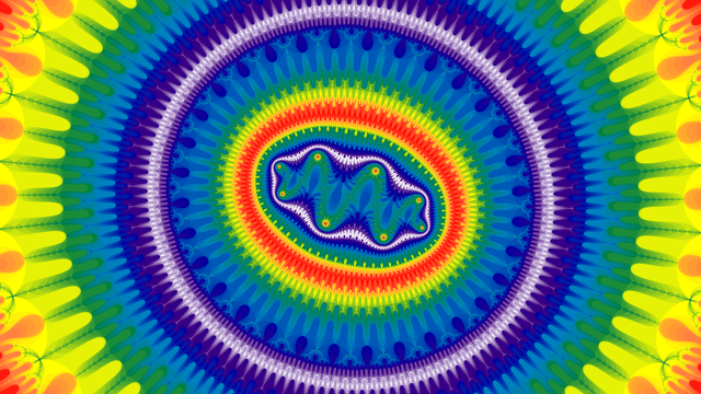 Mandelbrot set with increased magnification, colored using rainbow colors.