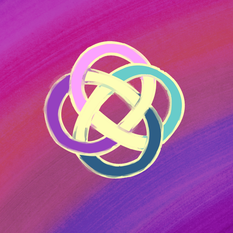 A Celtic knot of four interconnected loops, knotted together, overlapping. The loops are pink, teal, navy, and purple, with a light yellow in the centre. It’s painted with messy edges, on the Neuro Pride painted background of purples