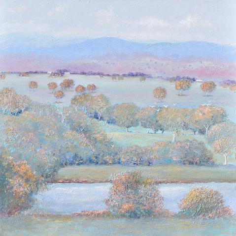 A painting of an Australian  country landscape at dusk, painted in soft pastel tones of light blue, green, gold and pink. There is a small lake surrounded by bushes, in the foreground and a few scattered farm houses and cockatoos flying in the distance.