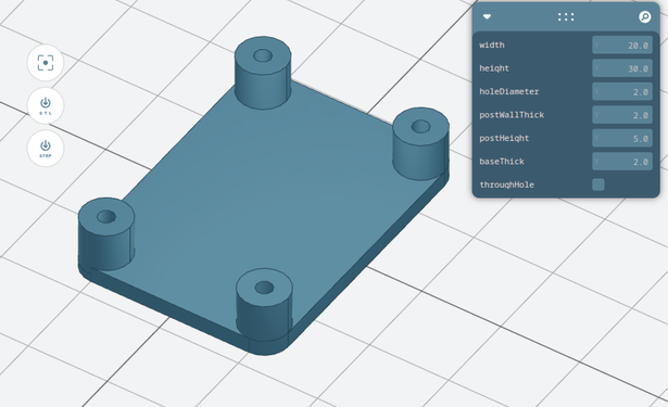 A 3d model of an electronics standoff with 4 posts at the corners and holes in the center and a thin base. A configuration popup on the side displays settings for width, height, hole diameter, post wall thickness, post height, base thickness, and a checkbox for whether holes go all the way through the base.