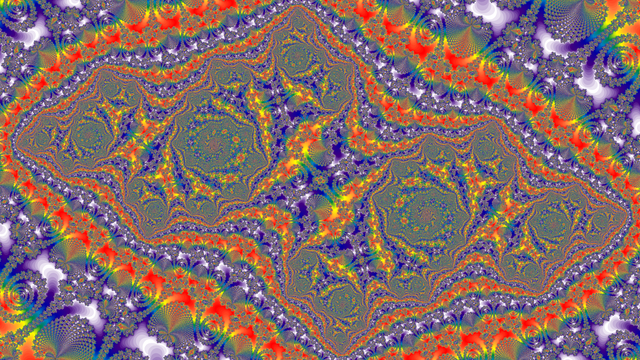 High magnified Mandelbrot set featuring spirals and rainbow colors.