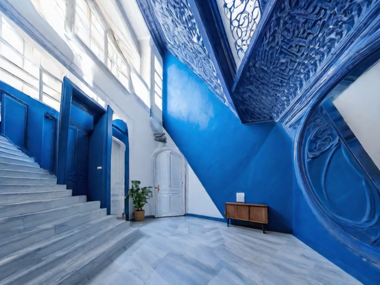 Office reception area with marble floors, a minimalist wooden desk with a sign, and a plant, in an outsized white and blue space with ornate blue painted iron grillwork and marble floors. The slanted right side ceiling and irregular shape of the floor indicates that the building's exterior is also oddly shaped.
