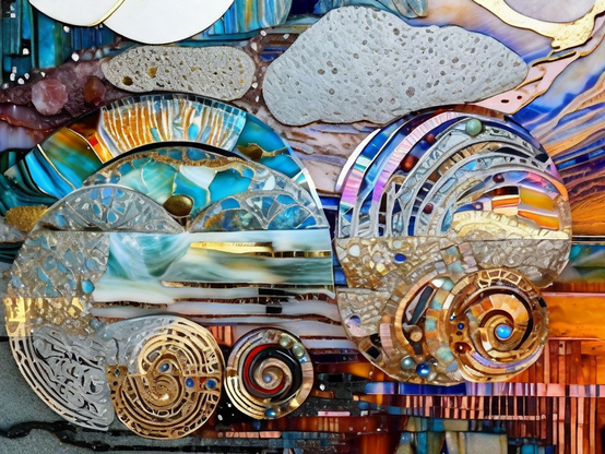Intricate mosaic of futuristic nanotechnology materials assembled into colorful abstract patterns and metallic elements, resembling a playful image-only postcard.