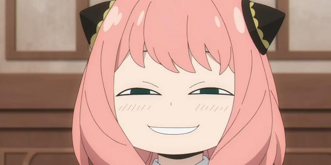 Anya from Spy×Family giving her signature cheeky grin.