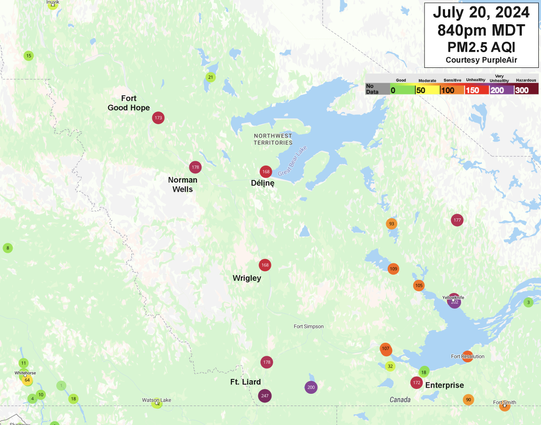 PurpleAir map showing reported AQI values across the southern and central NWT.
