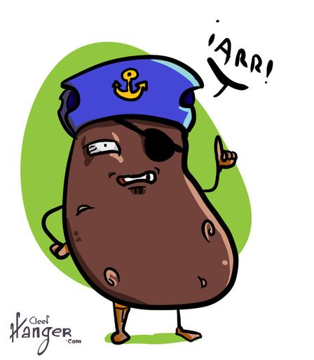 Potato dressed as a pirate with a gesture of "actually" on its hand while saying ¡Arrr!