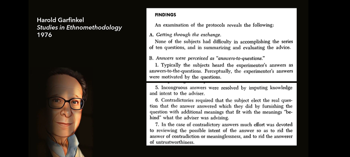 Portrait of Garfinkel with screenshot from some paragraphs of his Studies in Ethnomethodology. Principles he found include: Answers are perceived as answers-to-questions. Incongruous answers are resolved by importing knowledge and intent