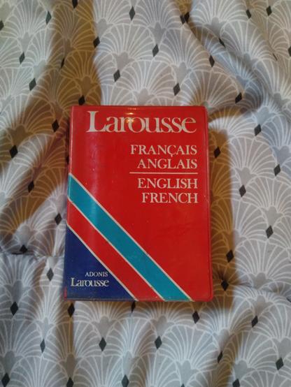 Un veiux petit dictionnaire français/anglais Larousse rouge et bleu posé sur une couette