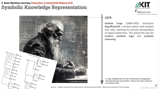Slide from the Information Service Engineering 2024 lecture, Basic Machine Learning 01, A Very Brief History of AI, Symbolic Knowledge Representation, 
In 1879, Gottlob Frege introduced Begriffsschrift, a formal system with symbols and rules, allowing for precise manipulation of logical statements. This paved the way for modern symbolic logic and symbolic reasoning.

The slide also shows an example of the Begriffsschrift notation and a black & white Midjourney rendering of Gottlob Frege