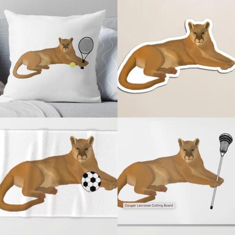Our cougar mascot is shown solo and playing different sports on made to order products perfect for college decor!