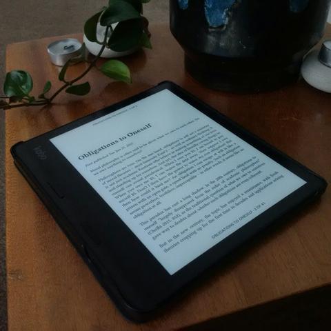 Photo of a Kobo eBook reader, currently showing the first page of the "Obligations to Oneself" article from the SEP.