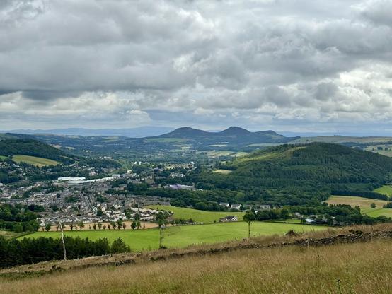 A view across the Scottish Borders from the top of Meigle Hill showing Galashiels in the foreground and Melrose and the Eildon’s in the distance.