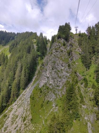 Foto. Berglandschaft mit Seilbahntrassee über Felswand.