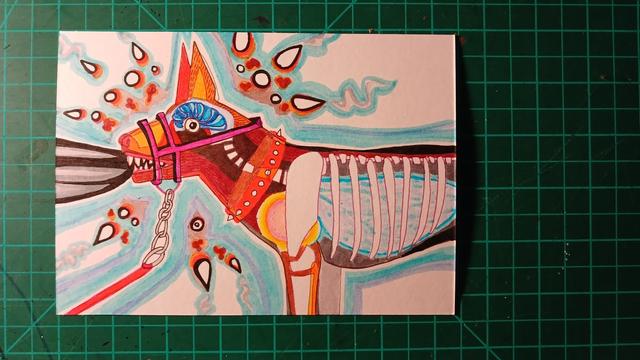 Coloured pen drawing of a dog in an ineffective muzzle. Stylised x-ray aspects of the dog are visible, like its spine, lungs, and ribs.