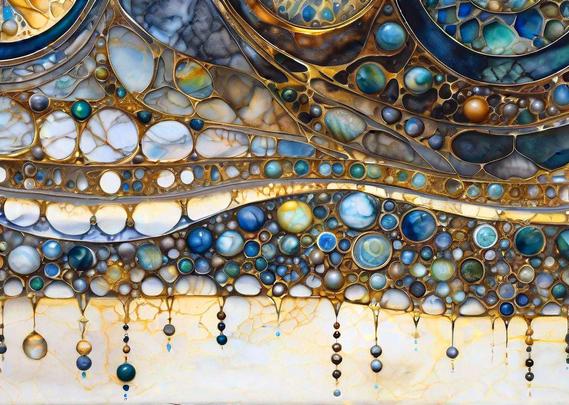 Intricate mosaic with circular patterns in blue and gold tones, that includes layered textures and bead embellishments.