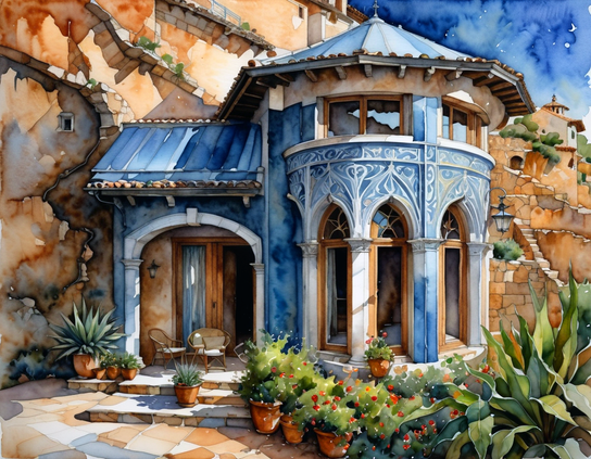 House with Mediterranean architecture, blue accents, an octagon room and a shaded porch, built into the bottom of a cliff that has other dwellings in it, on a sunny day. Watercolor style.