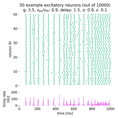 Spike raster plots (top) and histograms of the spiking rate (bottom) for a simulation of the Brunel network.