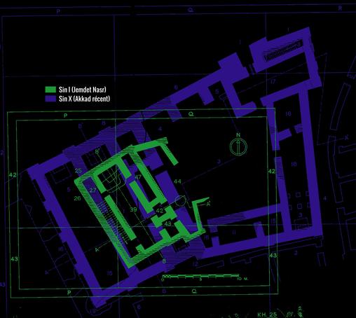 Superposed plans of a 3rd millenium sud-mesopotamian temple from Khafajeh. The oldest one, in green, is put over the last, in purple-blue. The temple cella stood more or less at the same place, but the dimensions are much bigger in the recent building.