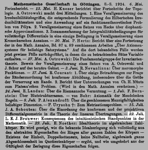 Auszug aus dem "Jahresbericht der Deutschen Mathematiker-Vereinigung", Ausgabe 1925 mit obigen Text hervorgehoben