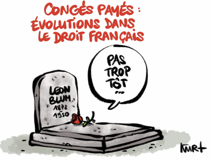Dessin de Kurt, il est écrit « Congés Payés : Evolutions dans le Droit Français ». Le dessin représente la tombe de Léon Blum (1872-1950) avec une bulle depuis celle-ci qui dit : « Pas trop tôt… »