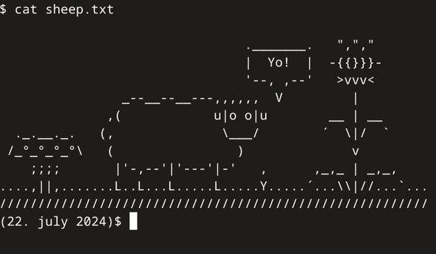 A mushroom, a sheep and a thistle, hanging out in your terminal. the sheep greets you.