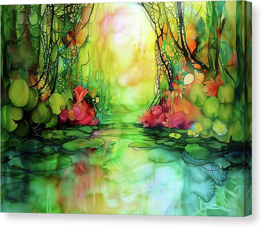 Watercolor painting of luminous colors which create a dreamlike scene of a verdant landscape with an ethereal quality, as light seems to filter through a canopy of intricate branches and leaves.  Beautiful landscape art by Lisa S Baker.