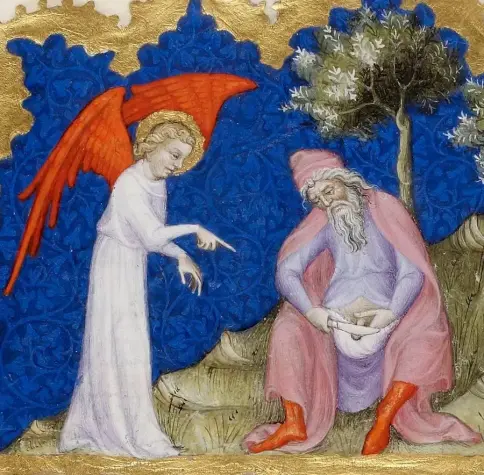 Angel giving directions to man circumsizing himself