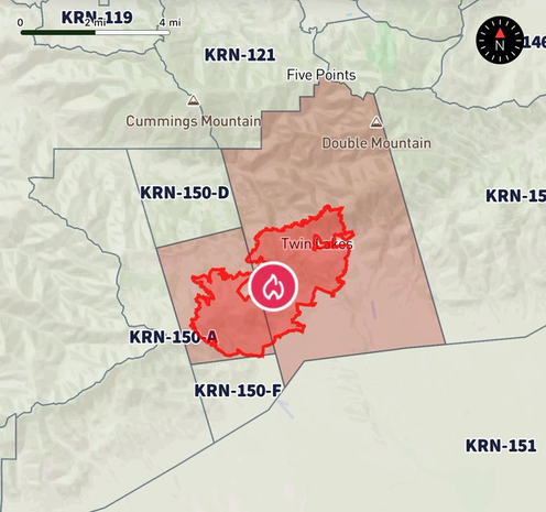 Map showing a fire and evacautions up to Five Points/Double Mountain in Kern County