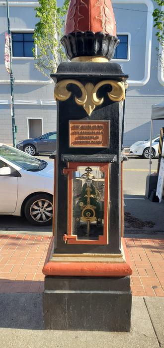 Close up of the plaque on the Alibi Clock, Vallejo, CA. Reads: The Alibi Clock, city landmark #5, designated on September 20, 1984.