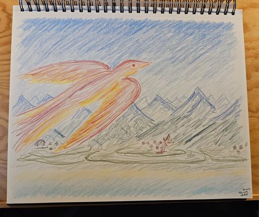 Colour sketch of a firebird flying with blue mountains and little villages in the background.
