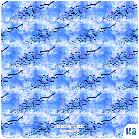 Text - -clasticartistic-, Demos 15, Pattern - Birds flying against a glitched azure cloudy sky, Corner - V.2 (Pattern Book V.2)
